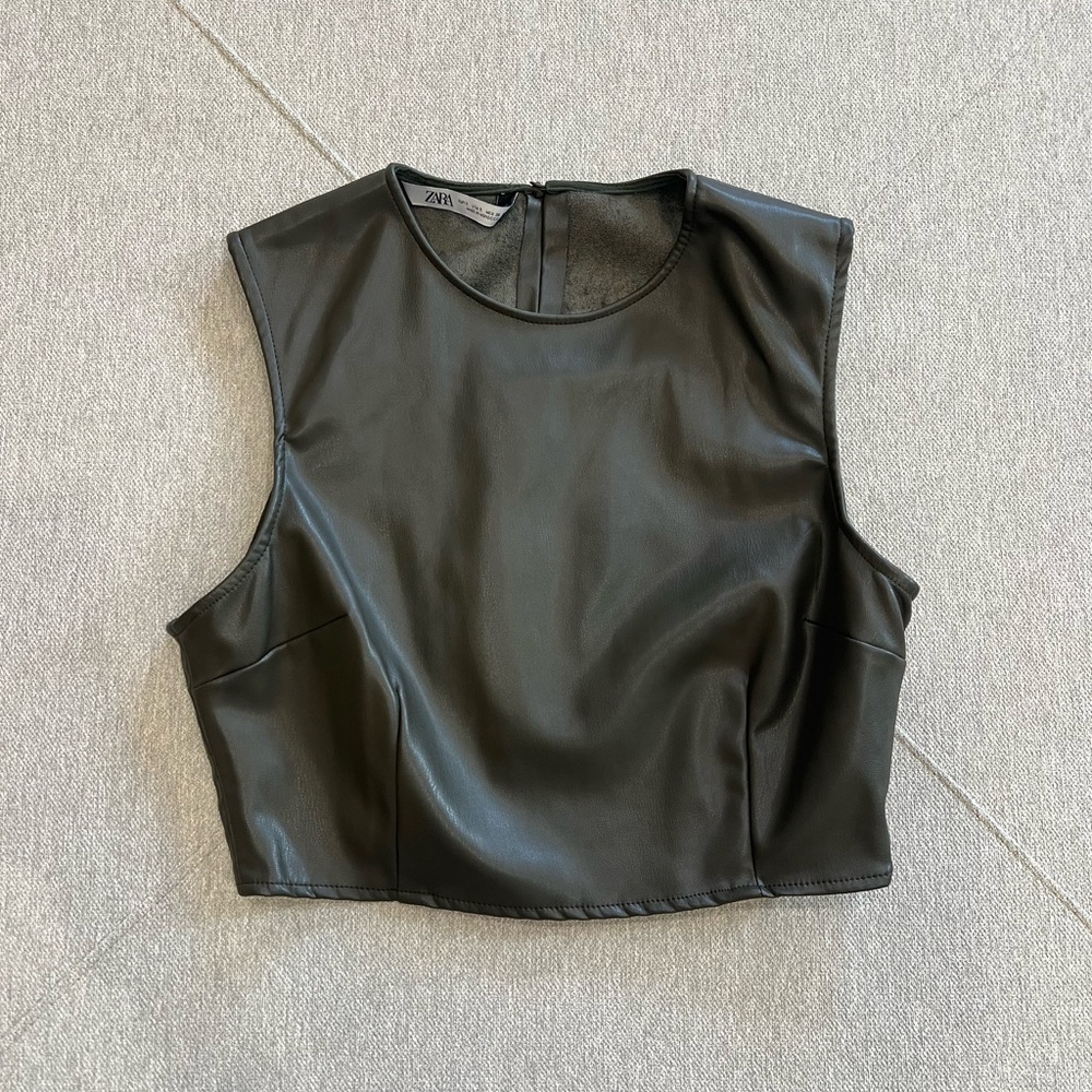 Zara Dark Green Faux Leather Crop Top